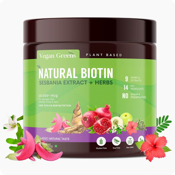 Natural Plant Biotin (10,000+ mcg Sesbania Agati, Bamboo Shoot, Triphala, Amla, herbs & More) For Stronger Hair & Healthy Scalp
